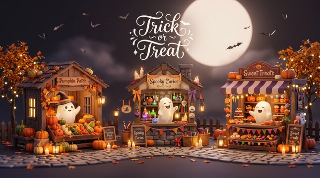 Copyrightsafe, unique, premiumlooking version cute halloween market stalls with friendly ghosts