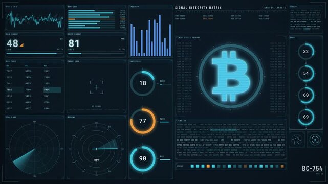 Animated Bitcoin symbol on futuristic HUD dashboard with radar scan, gauges, waveform and event log, cryptocurrency trading control room screen display