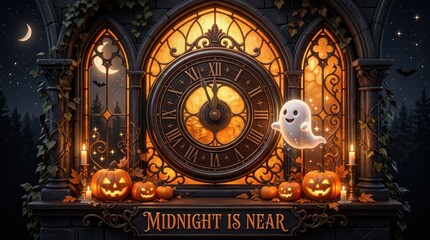 Obraz premium Copyrightsafe, unique, premiumlooking version spooky halloween clock with ghost and pumpkins