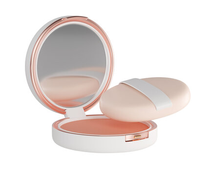 3d White makeup Compact Powder with rose gold accent, sponge and mirror. Luxury Beauty products isolated on background, ideal for cosmetics, fashion, travel banners.
