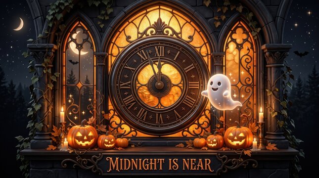 Copyrightsafe, unique, premiumlooking version spooky halloween clock with ghost and pumpkins