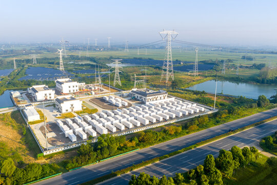 aerial view of large outdoor energy storage power station facility