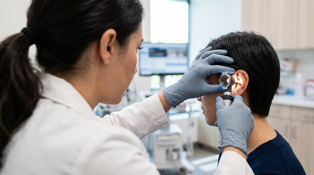 Ear examination by doctor using otoscope in clinic, healthcare diagnosis concept.