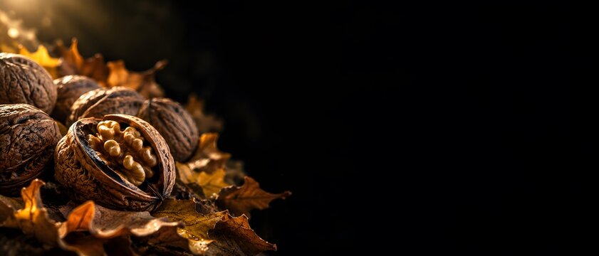 Macro close up of raw organic walnuts on dry autumn leaves with cracked shell exposing healthy inner kernel, premium nut production and food styling background with black copy space