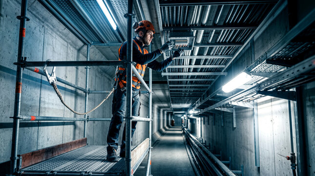 Engineer inspecting electrical conduits from scaffolding within concrete utility tunnel, essential infrastructure maintenance and safety operations.