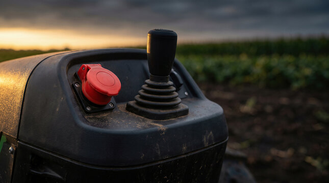 Farm machinery joystick and power outlet on control panel in agricultural field at sunset, modern farming technology concept