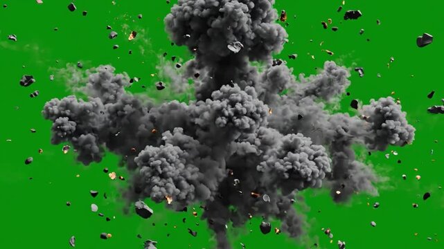 Massive Fiery Explosion with Heavy Smoke and Flying Debris Isolated on Green Screen Background