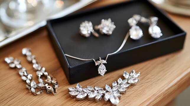 Elegant bridal jewelry set including necklace  earrings  bracelet  and ring displayed on wooden surface with black box