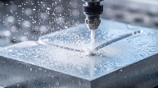CNC machining process cutting metal block with coolant splashing, industrial precision manufacturing.