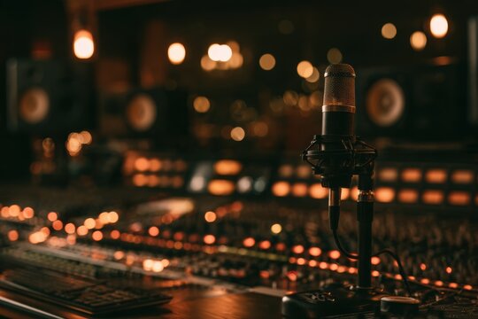 Condenser microphone standing in a music studio with sound mixing console and blurred lights