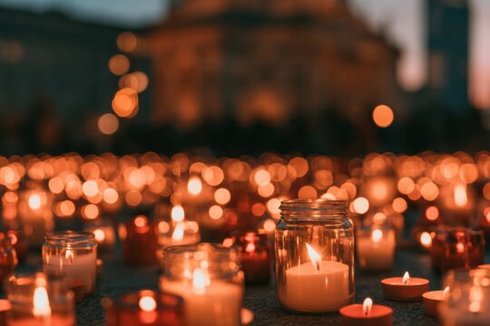 Many lit candles burning in jars and small holders during an evening event