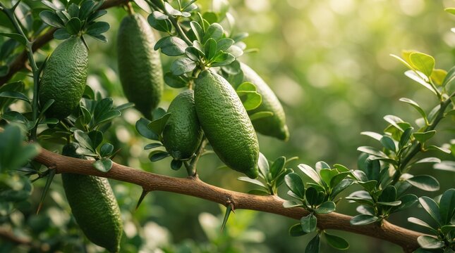 Finger limes ripening on thorny branch in sunny citrus grove, exotic gourmet ingredient for healthy food.
