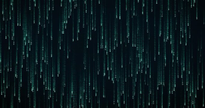 Japanese katakana characters fall in a dense, layered code rain animation with a teal circuit glow.