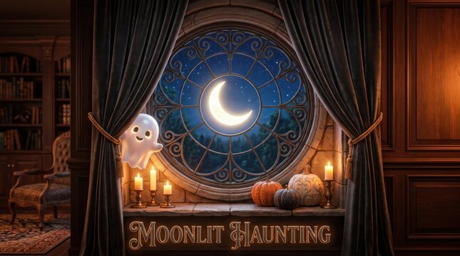 Copyrightsafe, unique, premiumlooking version moonlit haunting window scene with ghost and pumpkins