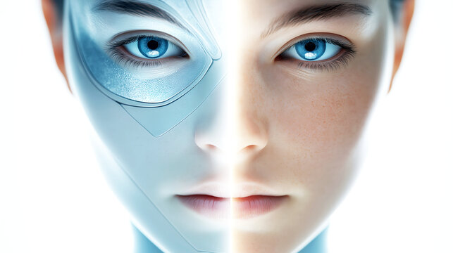 Human and Artificial Intelligence Face Split Futuristic Technology Concept