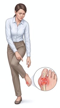 Woman experiencing pain in her foot with a close up anatomical illustration of a bunion