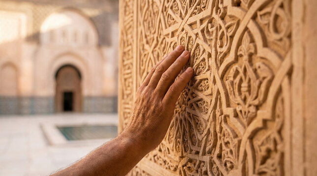 Hand touching intricate Islamic geometric stone carving in mosque courtyard, cultural heritage experience.