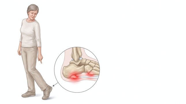 Elderly woman points to her foot showing a bone illustration of plantar fasciitis pain