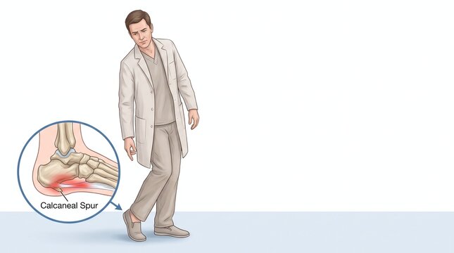 Male doctor showing diagram of calcaneal spur in human foot bones Medical