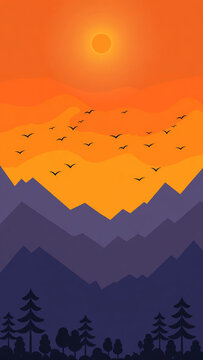Vector illustration of a scenic mountain potrait at sunset in flat design style. Silhouette of layered mountains and pine forest with a warm orange gradient sky, setting sun, and flock of birds flyi