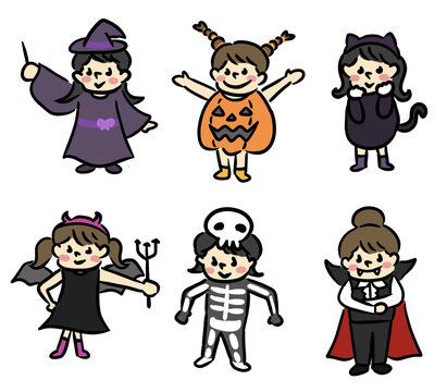 ハロウィン仮装を楽しむ子どもたちのイラストセット　Set of Cute Halloween Costume Kids