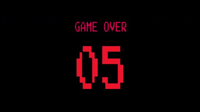 Game over retro 8bit red digital countdown timer from 10 to 0 animation alpha channel.