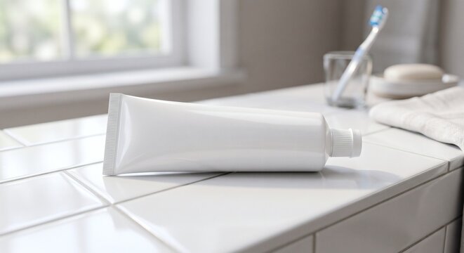 Photorealistic mockup of a blank white toothpaste tube on a tiled vanity
