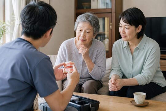 Family listening to a visiting dentist at home in a bright modern clinic