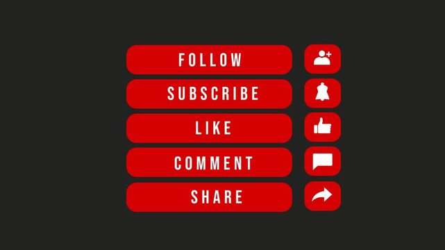 Animation featuring red social media icons for subscribe like comment and share.