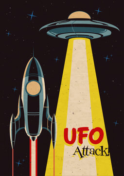 1950s Advertising Poster Style Illustration. UFO Attack Mid Century Modern Sci Fi Movie Poster Design, Vintage Colors, Atomic Age Abstract Background, Aged Paper Texture