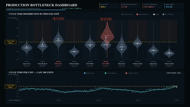 Detailed production bottleneck dashboard illustrating cycle times across sequential processes in dark mode with animated visualizations and performance metrics.
