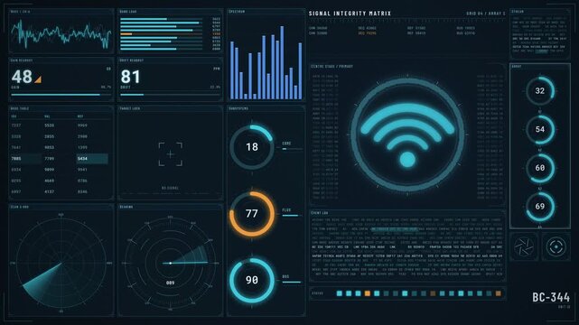 Animated wifi signal on futuristic HUD dashboard with gauges, waveform, spectrum bars and event log, wireless network monitoring control room display