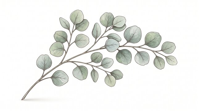 Eucalyptus branch with delicate round green leaves presented as a soft watercolor illustration on a white backdrop.