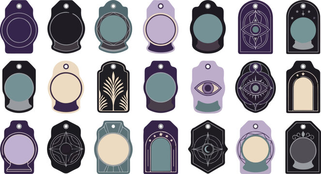Mystical celestial gift tags vector set, gothic witchcraft label templates, esoteric magic potion bottle stickers with moon and third eye motifs
