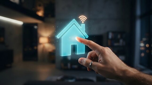 Hand touching a glowing smart home hologram with Wi-Fi symbol in a modern dark living room, illustrating home automation and IoT technology.