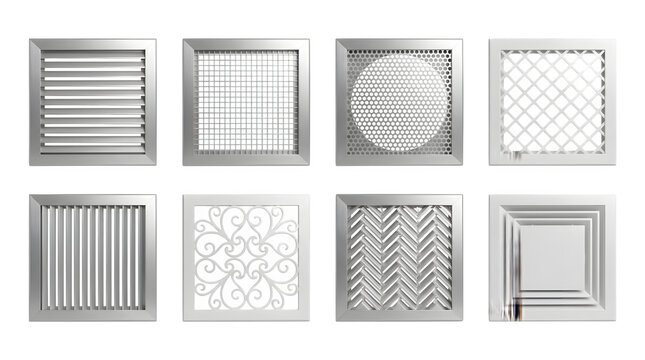 Metallic air vent covers set, 8 square ventilation grilles with decorative patterns, silver aluminum hvac registers for interior design