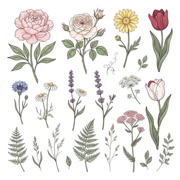 Vintage botanical floral vector set with peony rose daisy tulip and wild herbs isolated on white