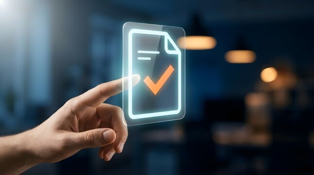 Business professional interacting with a digital document icon featuring a checkmark, symbolizing electronic approval, paperless workflow, and verified data management.