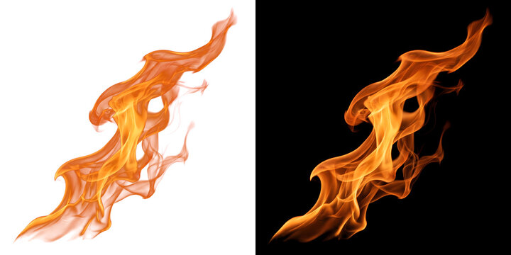 Burning flame of orange fire rising in twisting tongues of heat with PNG, Transparent and Black Background Versions