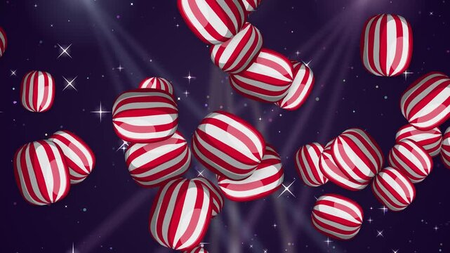 Red and White Striped Candy Objects Bursting Over Glittering Background