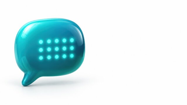 Glossy teal three dimensional speech bubble featuring glowing bright circular dot patterns isolated against a clean white background representing digital communication and modern online messaging