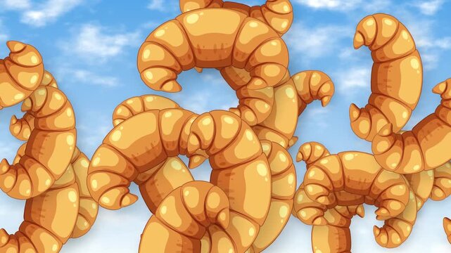 Animated Croissants Falling and Floating Against a Blue Sky Background