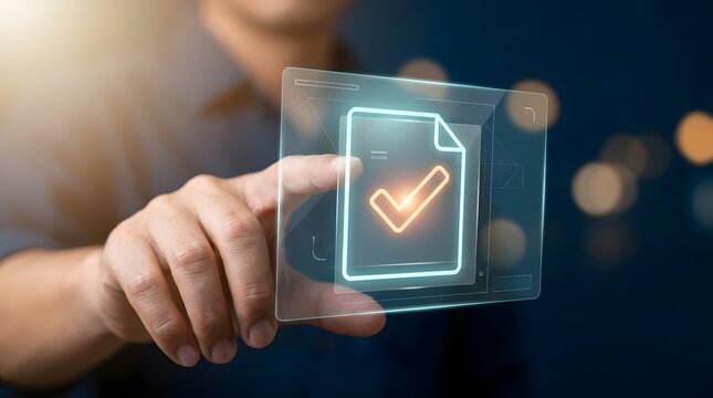 Businessman touching a futuristic digital screen with a document and checkmark icon for online approval, electronic signature, and quality assurance in a modern corporate setting.