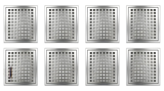 Metallic square floor drain set, collection of 8 stainless steel shower grates, industrial chrome bathroom drainage covers for plumbing and interior design