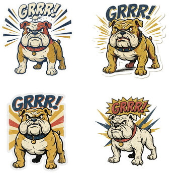 Grrr bulldog sticker set with angry barking dogs featuring bold comic style sound effects.