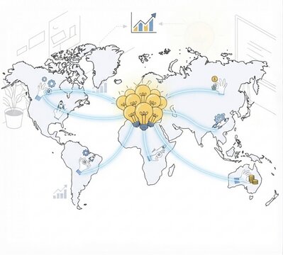 vector illustration of a depicting global innovation, worldwide business networking, idea sharing, international trade, and connectivity across world maps.