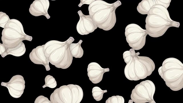 Falling Garlic Bulbs Animation on a Solid Black Background
