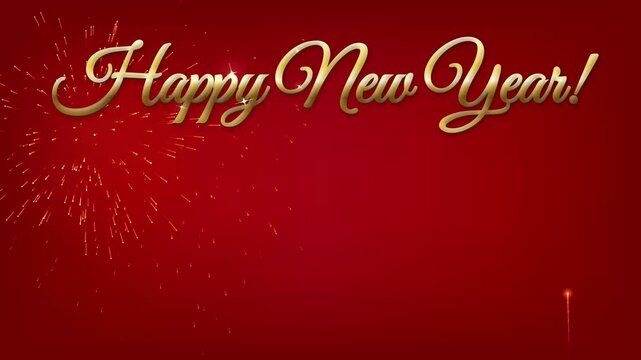 Happy New Year Gold Script Text with Fireworks on Red Background