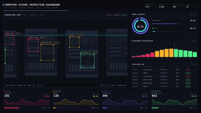 High-tech computer vision dashboard displaying inspection defects and confidence scores with animated bounding boxes and live data stream in dark mode.
