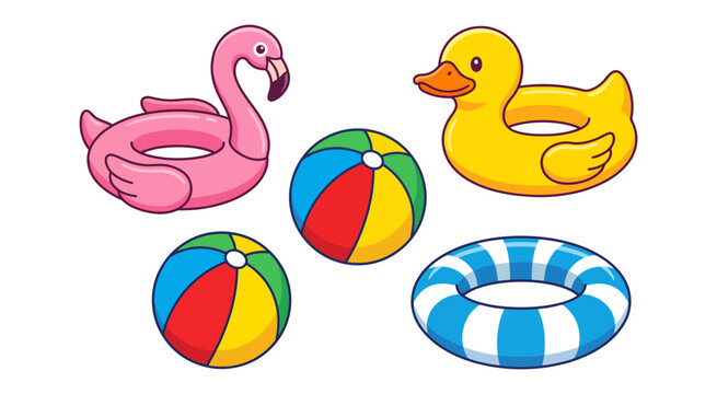 Beach elements set with inflatable flamingo, duck, balls, and pool ring featuring ball, summer